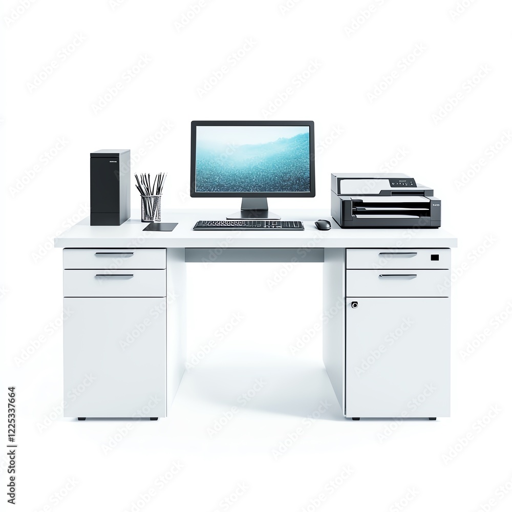 A modern office desk setup featuring a computer, printer, and organizational tools. Designed for productivity in a clean, minimalist environment. A modern office desk setup featuring a computer, printer, and organizational tools. Designed for productivity in a clean, minimalist environment.
