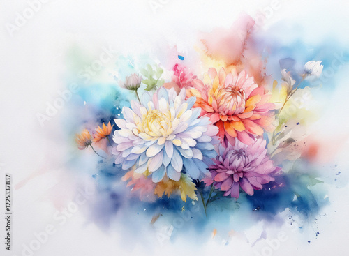 A vibrant watercolor painting showcasing a bouquet of colorful dahlias and other flowers, set against a soft, abstract background of blended hues.  The flowers are depicted with delicate brushstrokes,