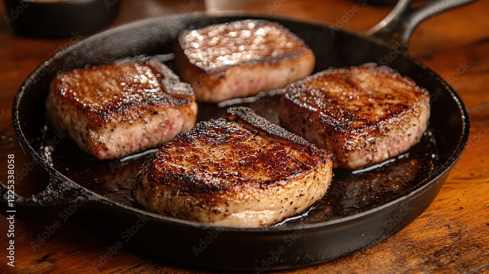 Sizzling pork chops frying in cast iron skillet on wooden surface Sizzling pork chops frying in cast iron skillet on wooden surface