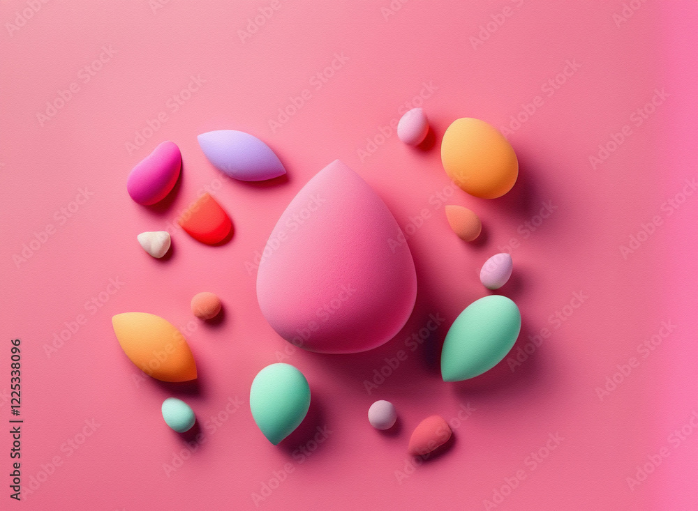 A large pink makeup sponge is surrounded by smaller, colorful sponges on a pink background. The scene is stylized and has a vibrant, playful feel. A large pink makeup sponge is surrounded by smaller, colorful sponges on a pink background. The scene is stylized and has a vibrant, playful feel.