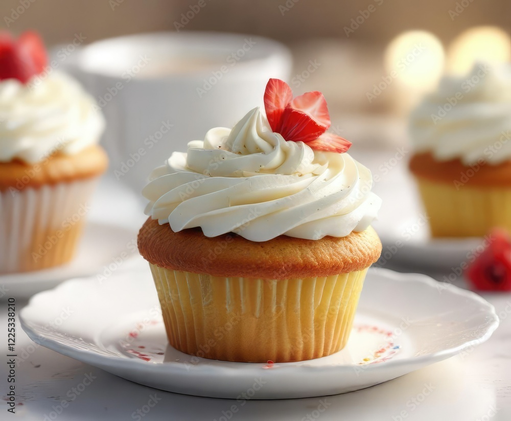 Delicate cupcake with smooth cream topping on a pristine white plate , sweet, cream, food Delicate cupcake with smooth cream topping on a pristine white plate , sweet, cream, food
