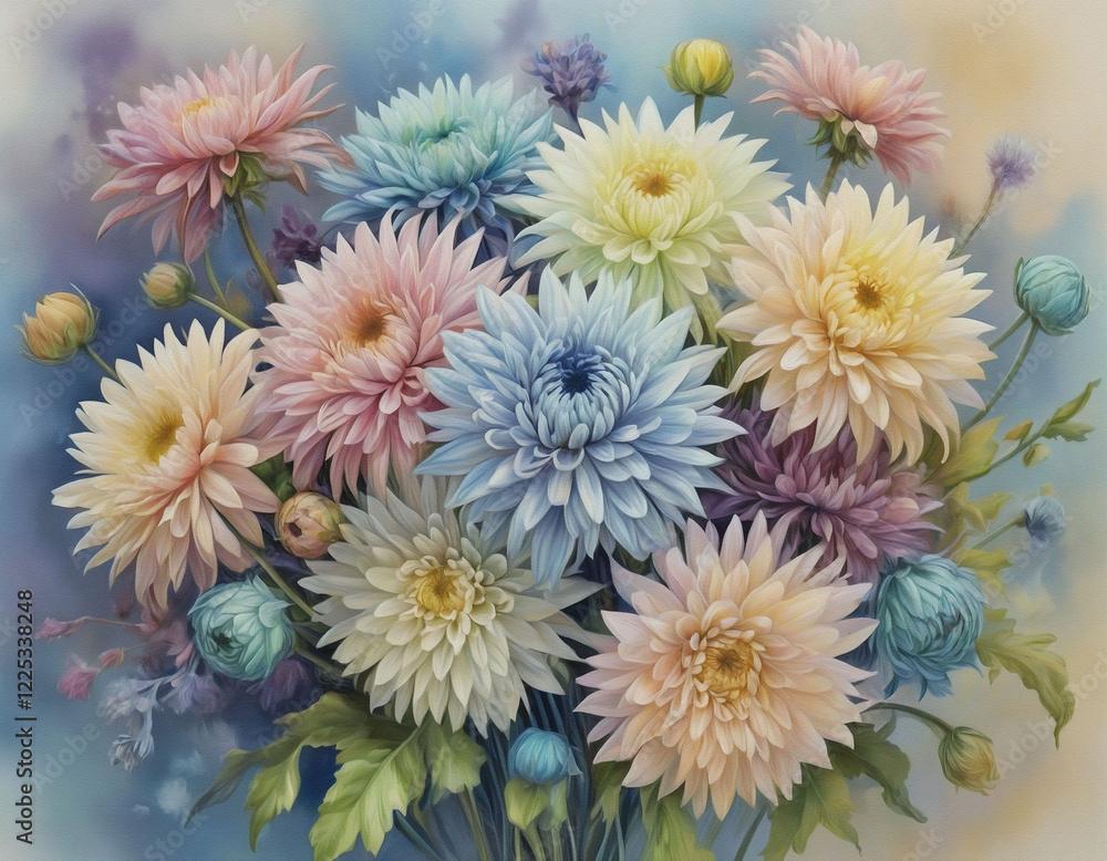 Fototapeta premium A vibrant bouquet of pastel-colored chrysanthemums, meticulously crafted, fills the frame. The soft light and delicate shading enhance the flowers' texture and beauty.