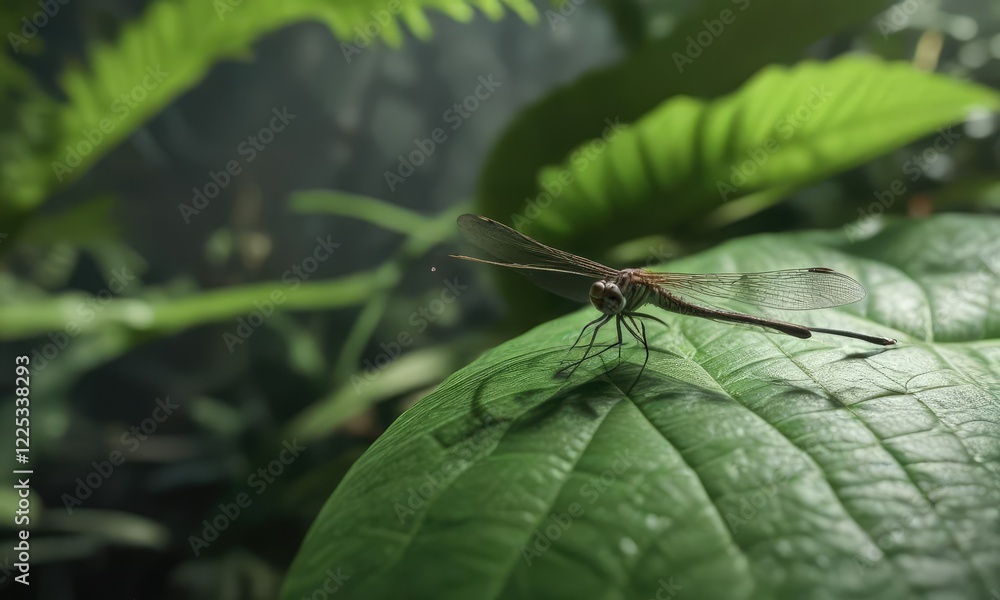 Delicate dragonfly perched on a large green leaf, insects in nature, insect, entomology Delicate dragonfly perched on a large green leaf, insects in nature, insect, entomology