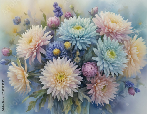 A vibrant bouquet of pastel chrysanthemums and wildflowers, artfully arranged in a vase, evokes serenity and delicate beauty.  The soft hues and meticulous detail create a captivating floral still lif photo