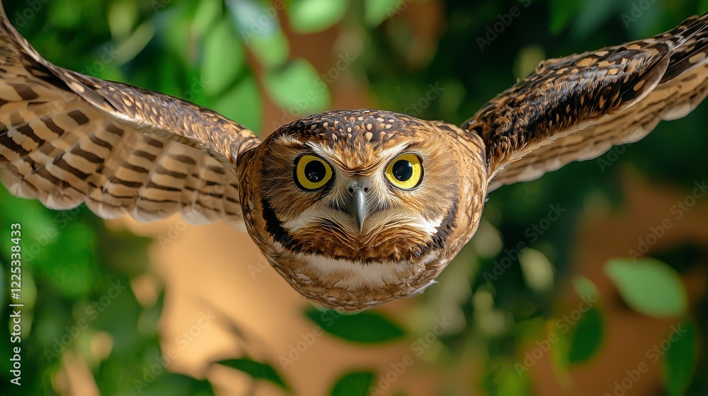 Obraz premium Majestic Owl in Flight with Intense Gaze Surrounded by Greenery
