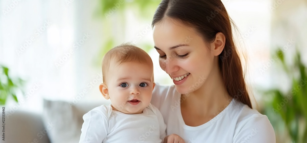 Mother holding baby, home interior, happy family Mother holding baby, home interior, happy family