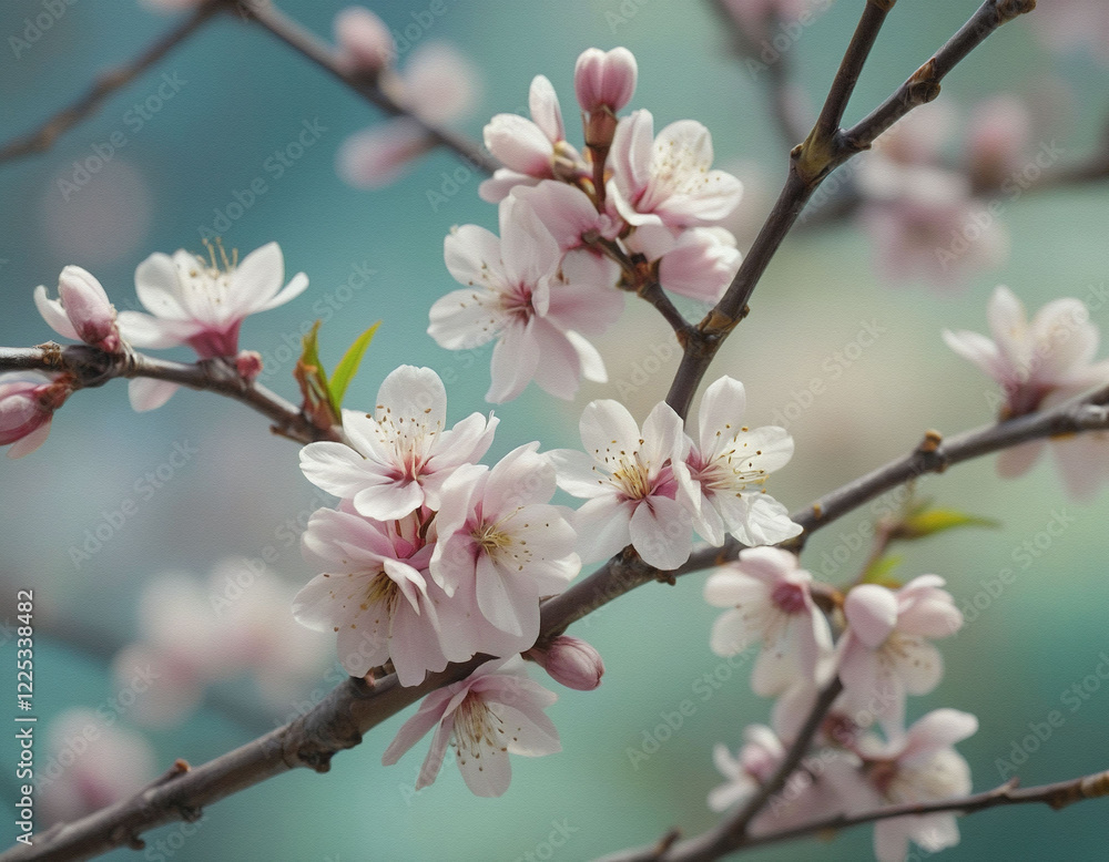 Delicate pink blossoms cluster on slender branches against a soft teal background. A gentle springtime scene, showcasing the beauty of nature's ephemeral bloom. Delicate pink blossoms cluster on slender branches against a soft teal background. A gentle springtime scene, showcasing the beauty of nature's ephemeral bloom.