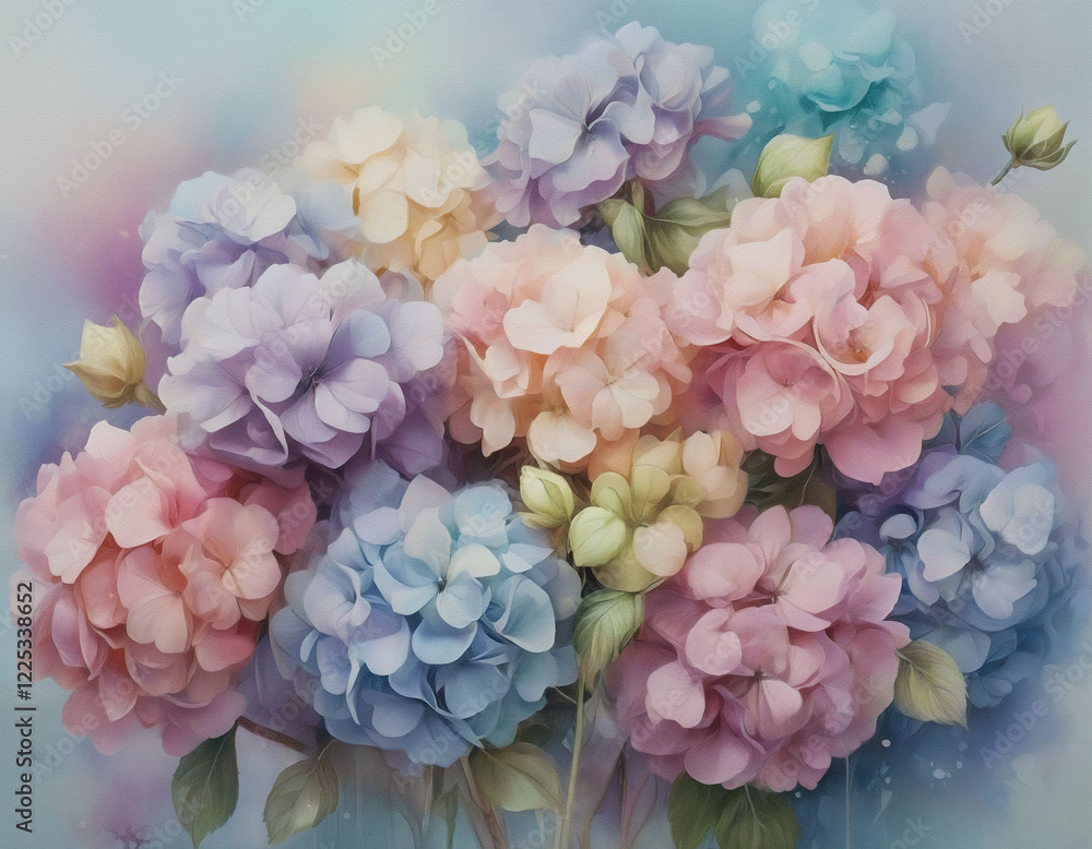 Obraz premium A lush bouquet of pastel hydrangeas, delicately rendered with soft focus and a dreamy, romantic ambiance. The blooms are various shades of pink, blue, and lavender.