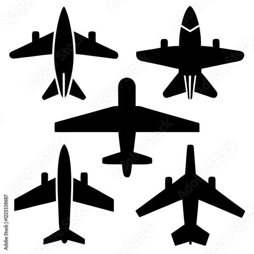 Set of plane, air jet, fighter jet, airbus silhouette vector icon illustration on white background.