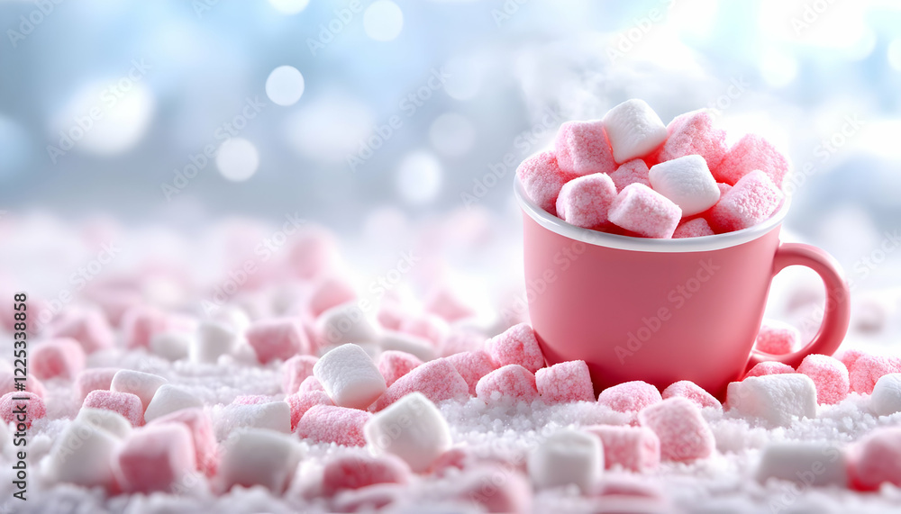 A cozy cup filled with pink and white marshmallows on a soft background, perfect for winter treats. A cozy cup filled with pink and white marshmallows on a soft background, perfect for winter treats.