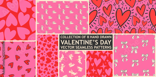 Love heart and cupids seamless pattern illustration set. Cute romantic pink hearts background print collection. Valentine's day holiday backdrop texture, hand drawn romantic design.