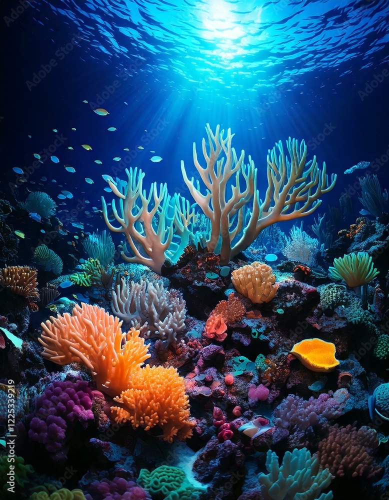 Fototapeta premium coral reef filled with luminous sea creatures.- 