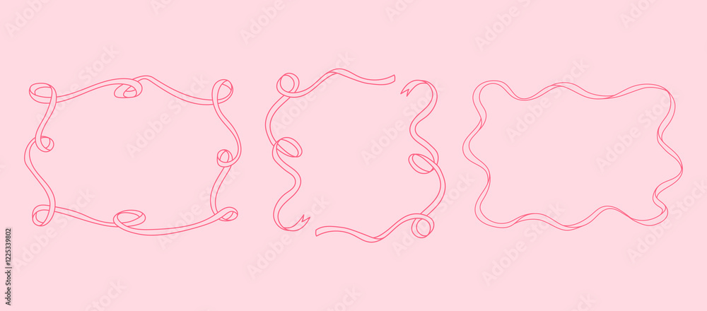 Set of 3 Trendy frame with bow and ribbons. Hand Drawn pink coquette borders for wedding invitation. Whimsical frames for birthday card, menu design and holiday graphic decoration. Set of 3 Trendy frame with bow and ribbons. Hand Drawn pink coquette borders for wedding invitation. Whimsical frames for birthday card, menu design and holiday graphic decoration.