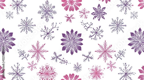 Seamless pattern, simple vector line art, symmetrical design, white background with purple and pink accents, simple shapes of flowers and snowflakes, cute.