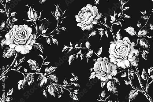 Wallpaper Mural Elegant black and white floral pattern featuring roses and leaves, ideal for textile or wallpaper design Torontodigital.ca