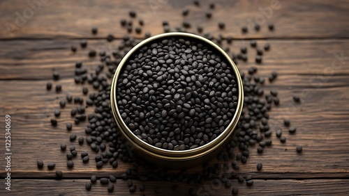 Black caviar in can on black wooden background photo