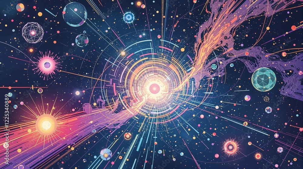 Obraz premium Quantum Leaps Visualizations of quantum phenomena and particle interactions Dynamic, kaleidoscopic compositions Experimental, avant-garde aesthetic