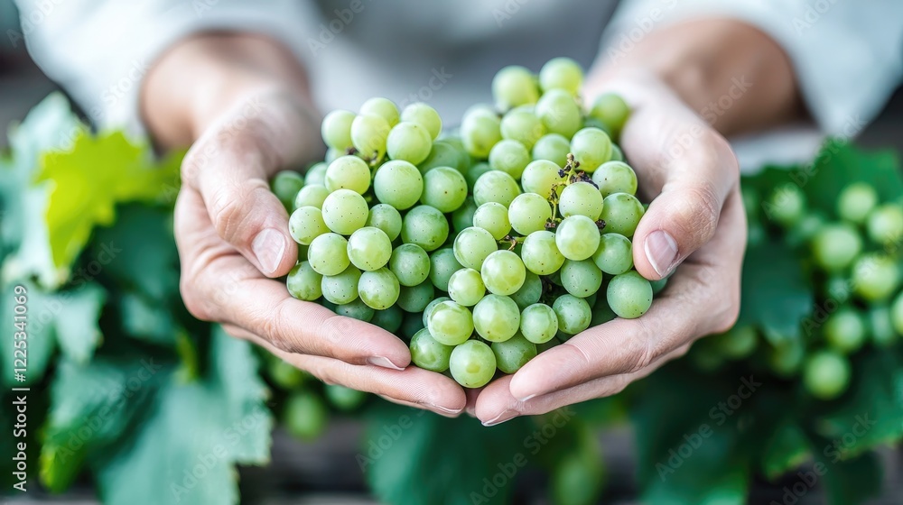 Hands holding fresh green grapes, vineyard background, harvest season, food and wine industry