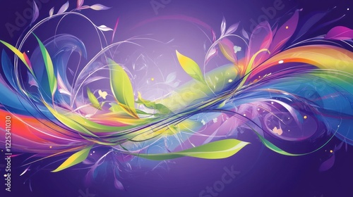 Vector art, vector illustration with a purple background, swirling lines and curves in shades of blue, green, violet, and pink, colorful, abstract foliage and flora photo