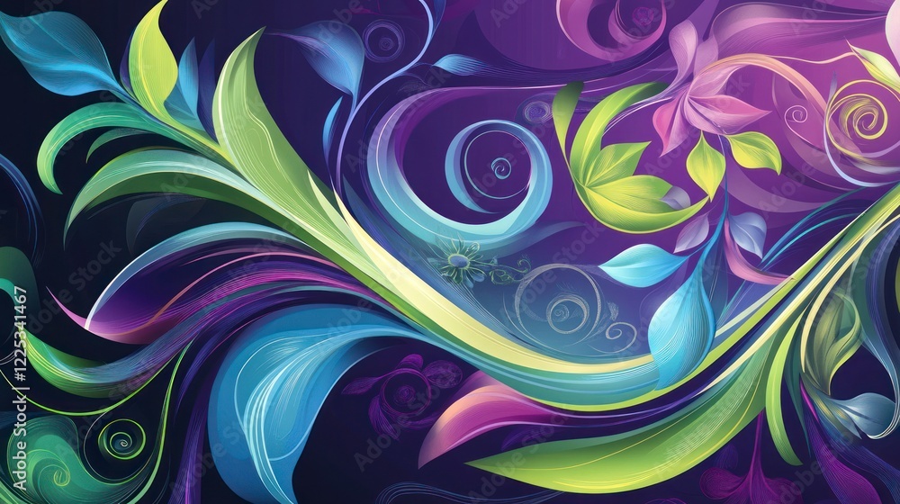 Vector art, vector illustration with a purple background, swirling lines and curves in shades of blue, green, violet, and pink, colorful, abstract foliage and flora Vector art, vector illustration with a purple background, swirling lines and curves in shades of blue, green, violet, and pink, colorful, abstract foliage and flora