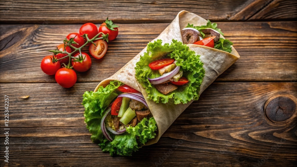 Delicious vegetarian wraps with fresh lettuce, tomatoes, and onions, served on a rustic wooden table Delicious vegetarian wraps with fresh lettuce, tomatoes, and onions, served on a rustic wooden table