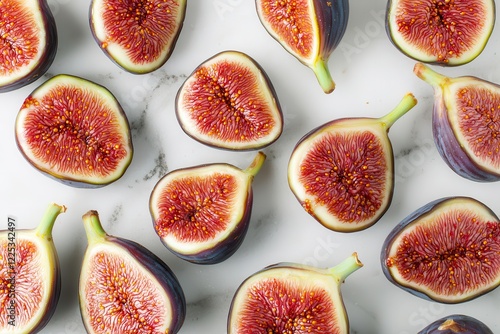 A tasty fig packed with organic vitamins and superfood benefits. Freshly cut figs arranged on a marble surface.