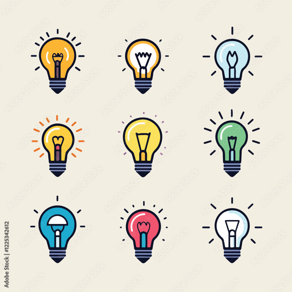 Colorful Light bulb Icons Representing Ideas. Lightbulb line icon, symbolizing creative thinking for innovative ideas Colorful Light bulb Icons Representing Ideas. Lightbulb line icon, symbolizing creative thinking for innovative ideas