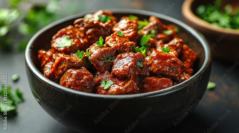 Spicy beef stew in bowl, dark background, herbs garnish, food photography Spicy beef stew in bowl, dark background, herbs garnish, food photography