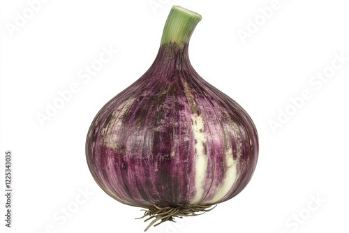 A single bulb of purple garlic with a long stem, isolated on a white background. photo