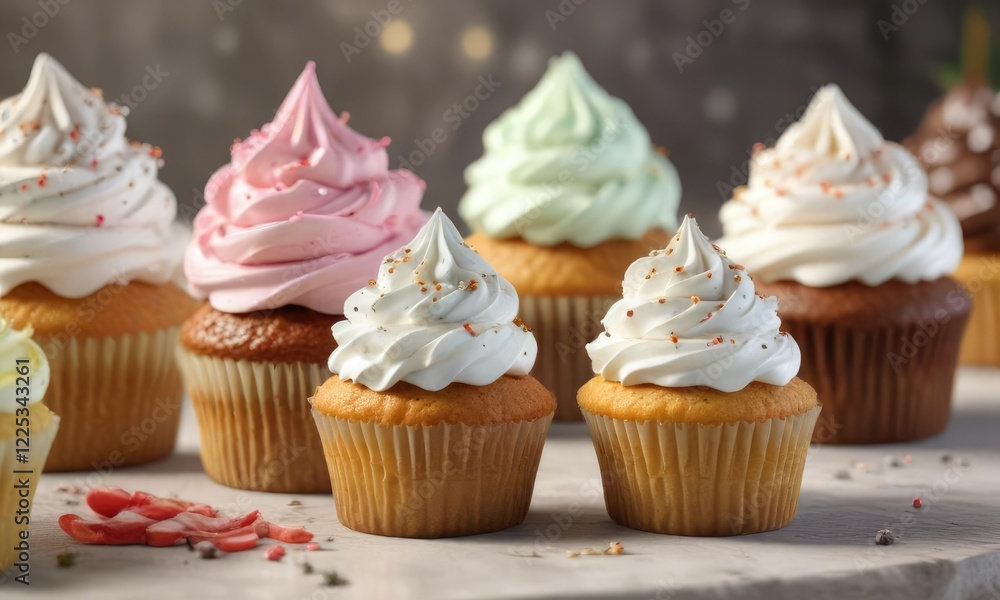 Display of various flavored cupcakes with fluffy whipped topping, assorted, variety, treats, confections, sweets Display of various flavored cupcakes with fluffy whipped topping, assorted, variety, treats, confections, sweets