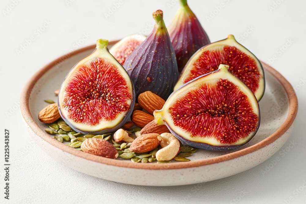 A tasty fig packed with organic vitamins and superfood benefits. Fresh figs sliced on a plate with assorted nuts and seeds. A tasty fig packed with organic vitamins and superfood benefits. Fresh figs sliced on a plate with assorted nuts and seeds.