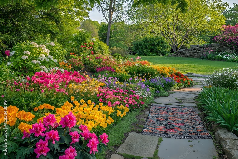 Naklejka premium A vibrant garden path adorned with blooming flowers signifies the joy of the gardening season, inviting all to enjoy nature's tapestry of colors.
