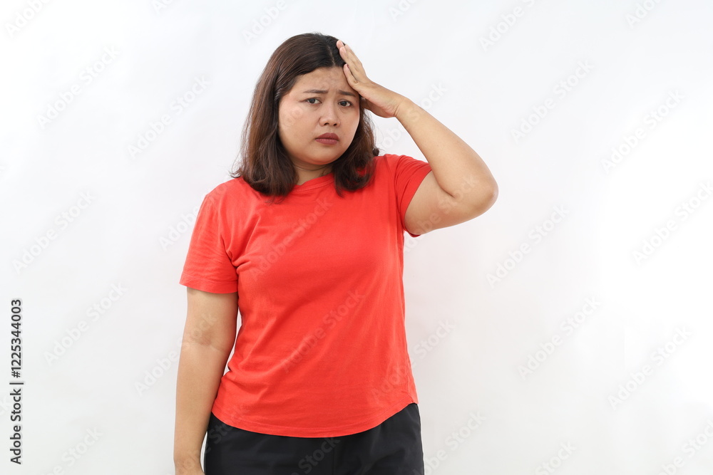 Bothered and tired asian woman, looking complicated, slap forehead, face palm sign and grimacing upset, looking distressed at camera, white background Bothered and tired asian woman, looking complicated, slap forehead, face palm sign and grimacing upset, looking distressed at camera, white background