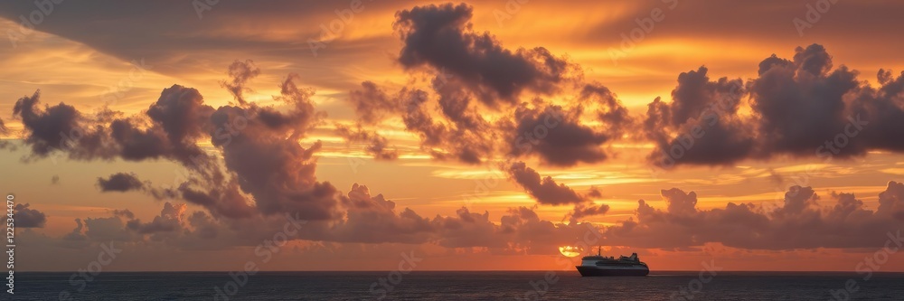 Dramatic clouds of sunset over the ocean with a ship in the distance, tranquil atmosphere, serene coastline, golden light on sea Dramatic clouds of sunset over the ocean with a ship in the distance, tranquil atmosphere, serene coastline, golden light on sea