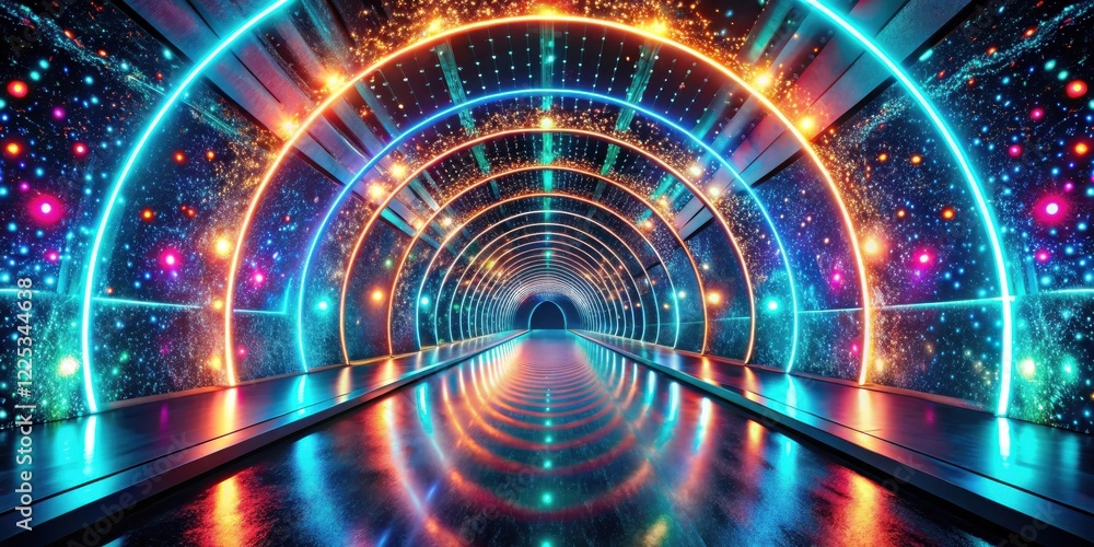 Obraz premium A futuristic tunnel with vibrant neon lights and a starry night sky effect