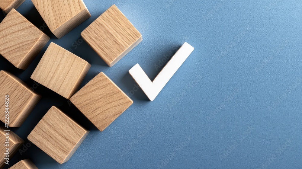 Wooden cubes featuring checkmarks are arranged on a flat blue surface, allowing ample space for additional text or information Wooden cubes featuring checkmarks are arranged on a flat blue surface, allowing ample space for additional text or information