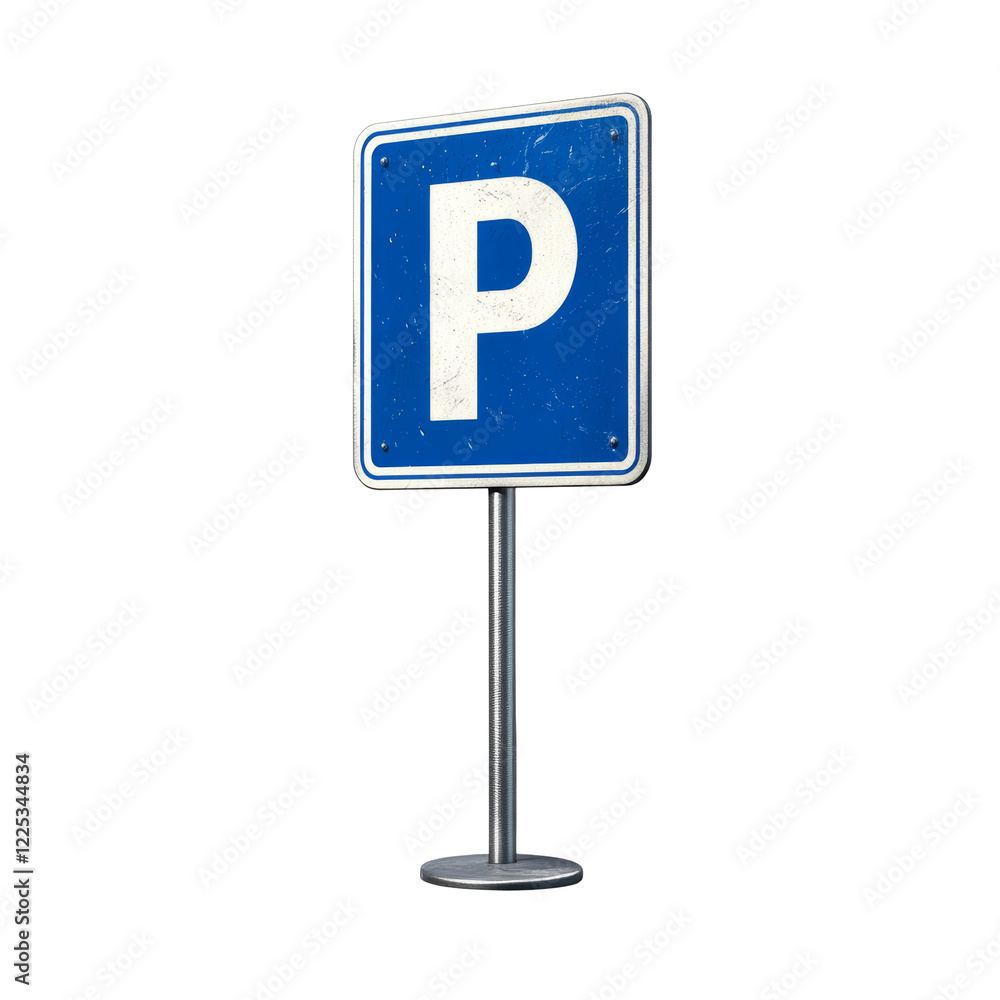 The image shows a worn blue parking sign with a white P on a metal stand. The image shows a worn blue parking sign with a white P on a metal stand.