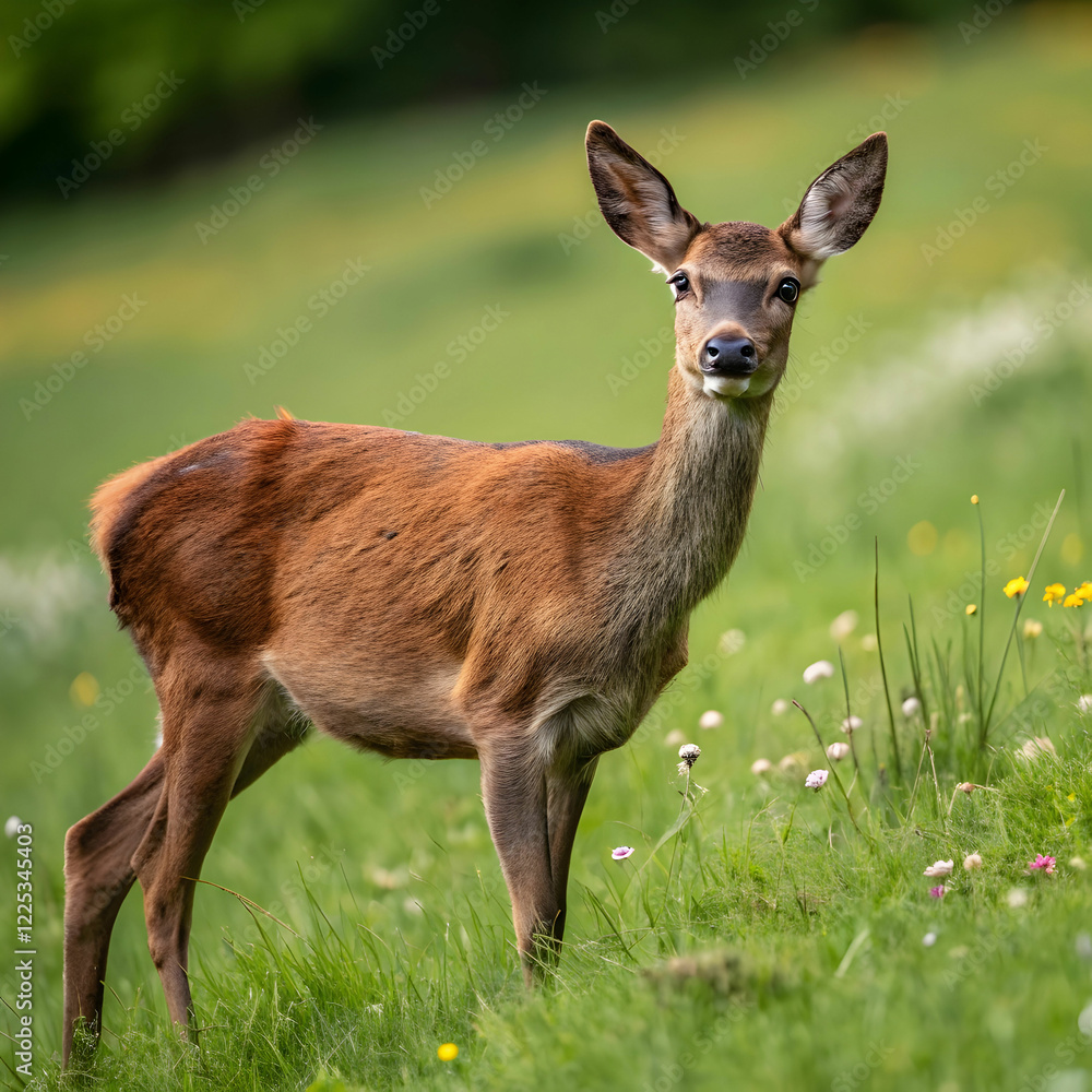 young red deer looking to the camera on grass in s young red deer looking to the camera on grass in s