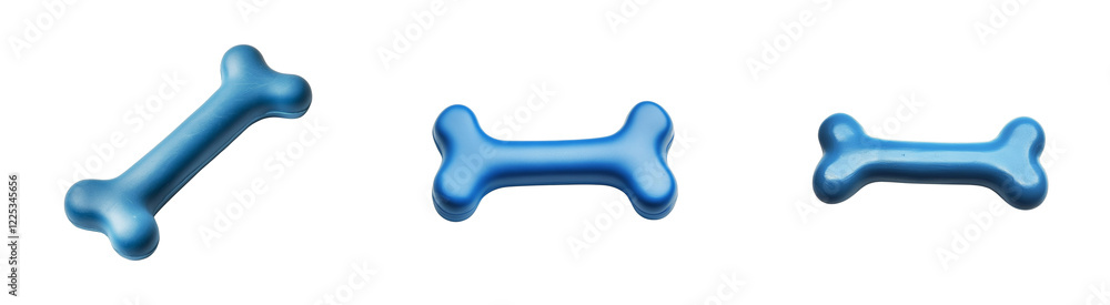 The image shows three blue plastic dog bones varying in size; one angled, the other two straight. The image shows three blue plastic dog bones varying in size; one angled, the other two straight.