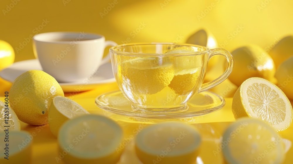 Lemon Tea, sunny kitchen, yellow background, refreshment Lemon Tea, sunny kitchen, yellow background, refreshment