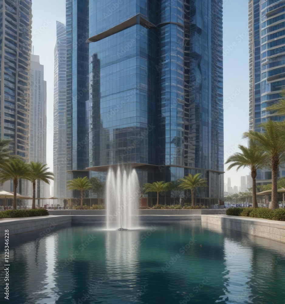 Fototapeta premium Dubai Marina law office building with water feature, aquatic plants, outdoor space