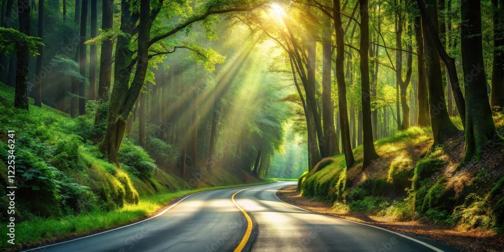 Obraz premium Sunlit Winding Road Through Lush Green Forest Canopy