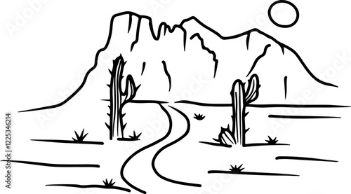 Simple vector doodle drawing of a desert with cacti, mesa and the sun