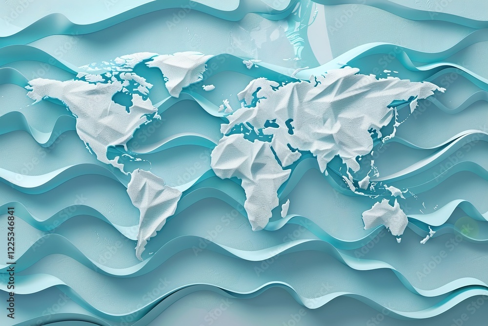 Obraz premium world map Wind glass ribbon on water. modern conceptual wallpaper for banner. 3d rendering.