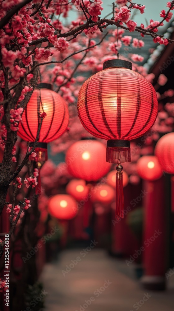 Obraz premium Red Lanterns Hang From A Blossoming Tree, Creating A Festive And Romantic Atmosphere In A Chinese-Style Setting.