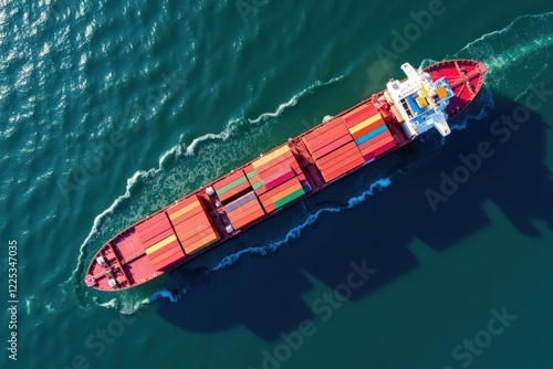 Aerial View of a Large Cargo Ship Navigating Through Clear Blue Waters with Colorful Shipping Containers on Board photo