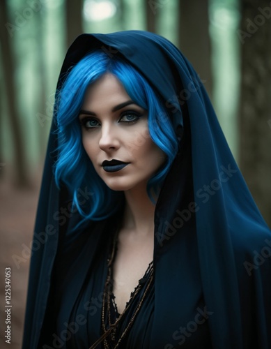A sorceress in the forest with a veil over her head