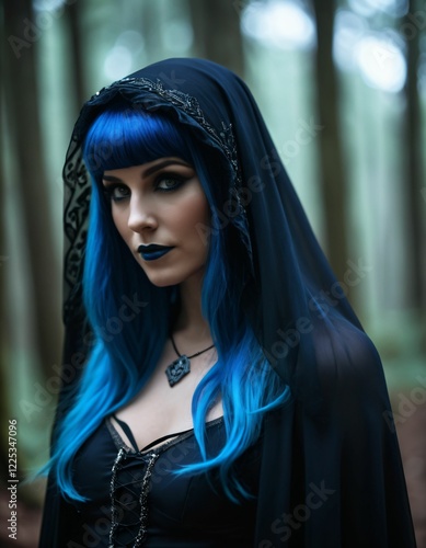 A sorceress in the forest with a veil over her head