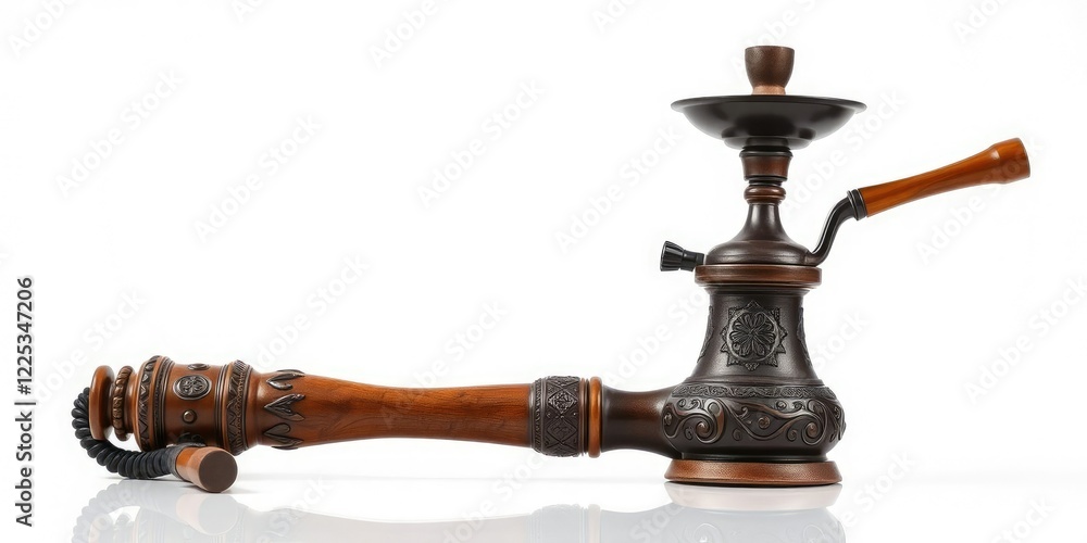 Eastern hookah pipe with a beautiful wooden base and ornate carvings against a simple white background, elegant look, wooden base Eastern hookah pipe with a beautiful wooden base and ornate carvings against a simple white background, elegant look, wooden base