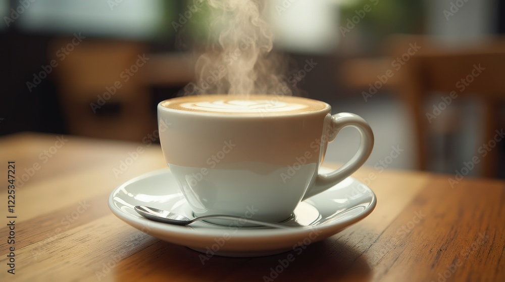 Steam rising from a white cup of hot coffee with a spoon on a saucer over a wooden table in the cafe Steam rising from a white cup of hot coffee with a spoon on a saucer over a wooden table in the cafe